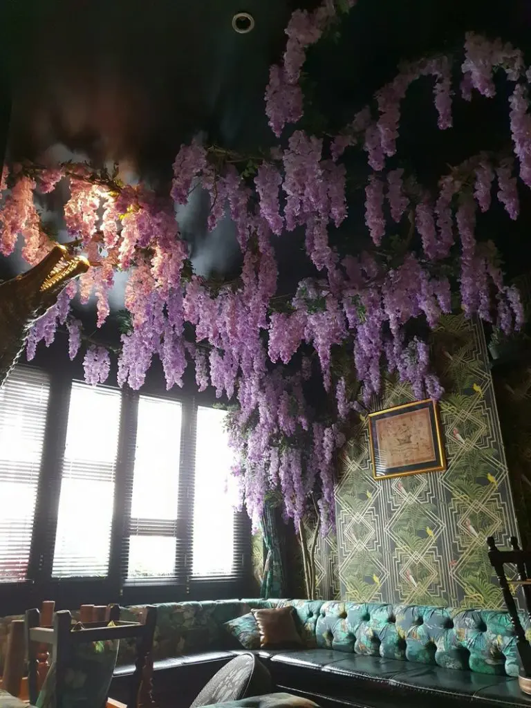 Artificial wisteria suspended from the ceiling